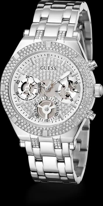 Visage cadran Guess GW0440L1 orné de 12 index strass sertis, aiguilles dauphine polies et guichet date à 3h pour une lisibilité précise