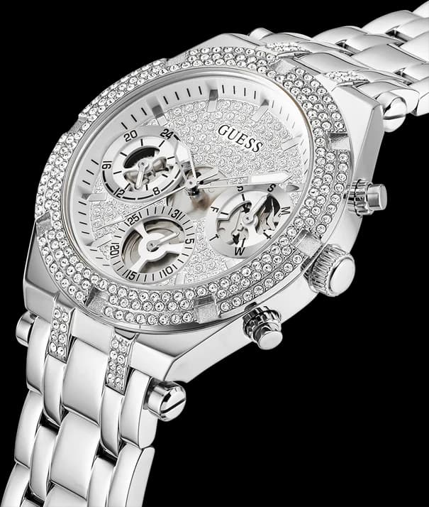 Attache bracelet Guess GW0440L1 en acier argenté à maillons jonc, fermoir déployant à double sécurité gravé du logo Guess