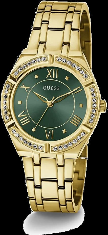 Visage cadran Guess GW0033L8 doté d'index bâtons dorés et aiguilles à facettes sur fond vert