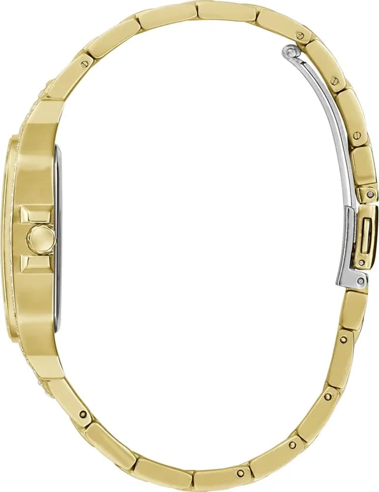 Visage cadran Guess GW0472L2 affichant index bâtons, aiguilles dorées et guichets jour-date à 3h
