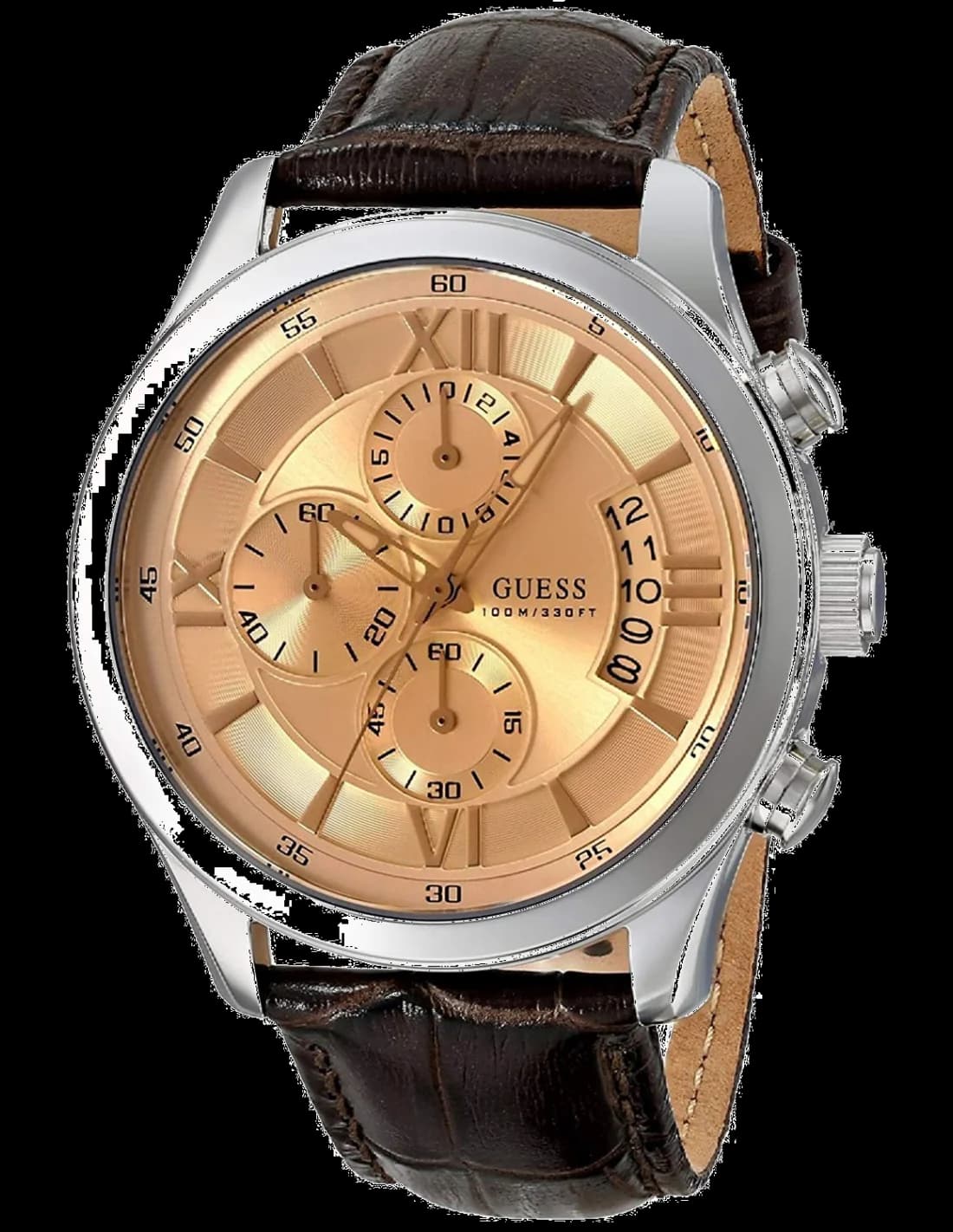 Garde-temps Guess W0192G1 avec cadran marron soleillé, aiguilles dorées et index bâtons pour un style classique chic