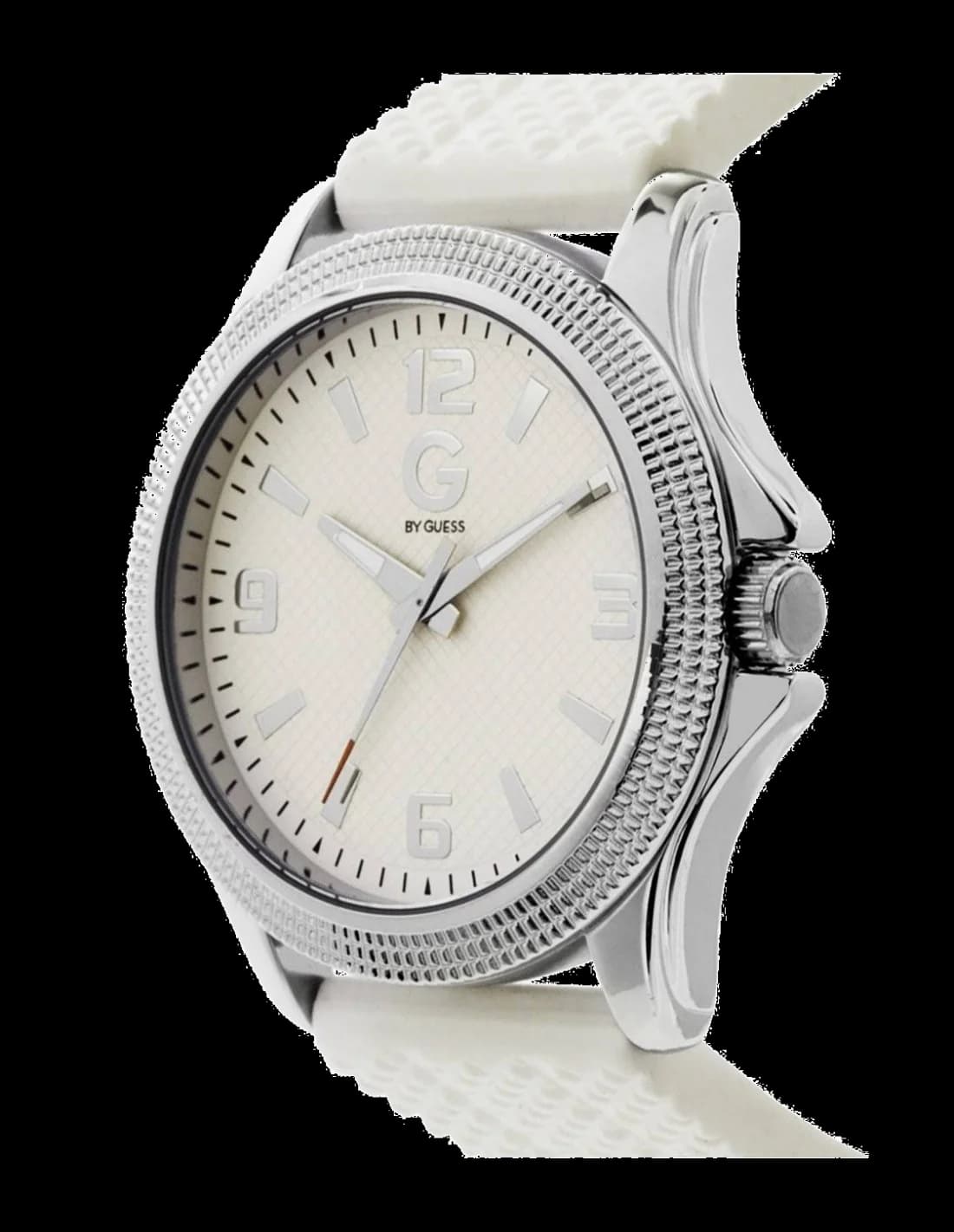 Visage cadran Guess G74040G1 dévoile index appliqués dorés, aiguilles dauphine et guichet date à 3h, finition soleillée