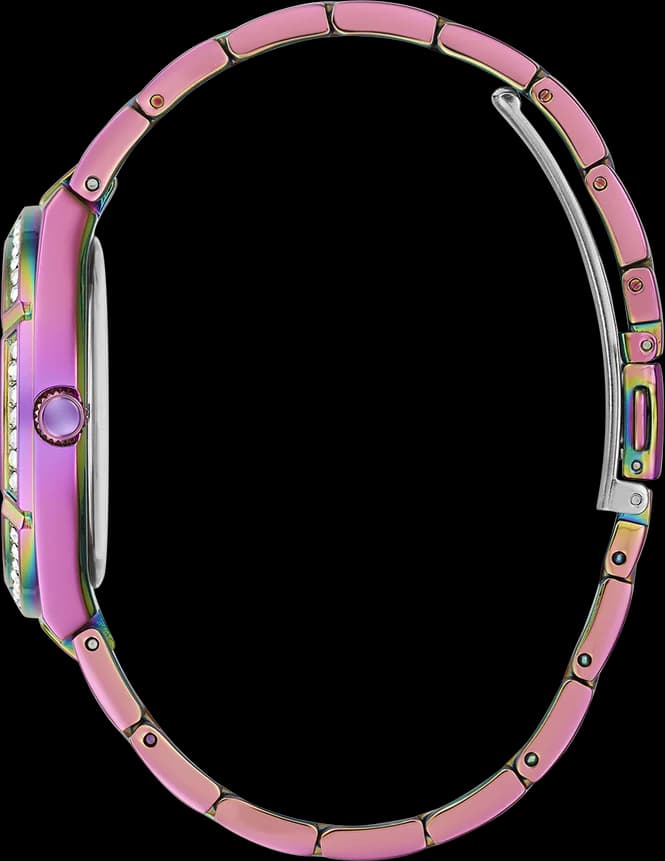 Visage cadran Guess GW0033L6 avec index cristaux multicolores, aiguilles dorées et date à 3h