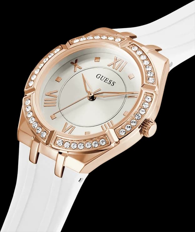 Visage cadran Guess GW0034L2 aux index bâtons dorés et aiguilles or rose, mouvement quartz précis