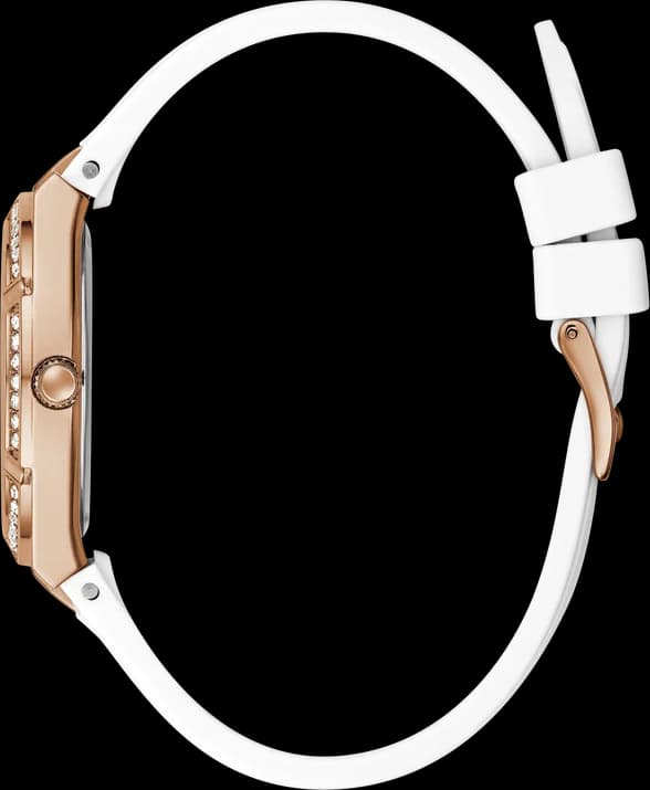 Attache bracelet Guess GW0034L2 en silicone blanc avec fermoir ardillon et détails or rose, confortable