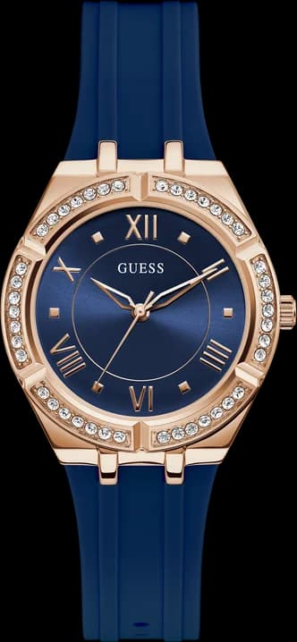 Montre Guess Cosmo GW0034L4 pour Femme - Cadran Bleu, Boîtier Or Rose, Bracelet Silicone