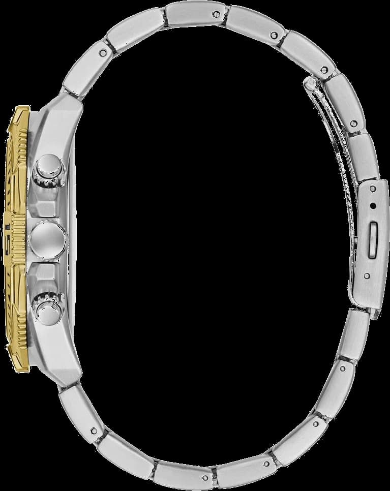 Visage cadran Guess GW0056G4 présentant index appliqués bicolores, compteurs 24h/60min/60sec et logo Guess gravé