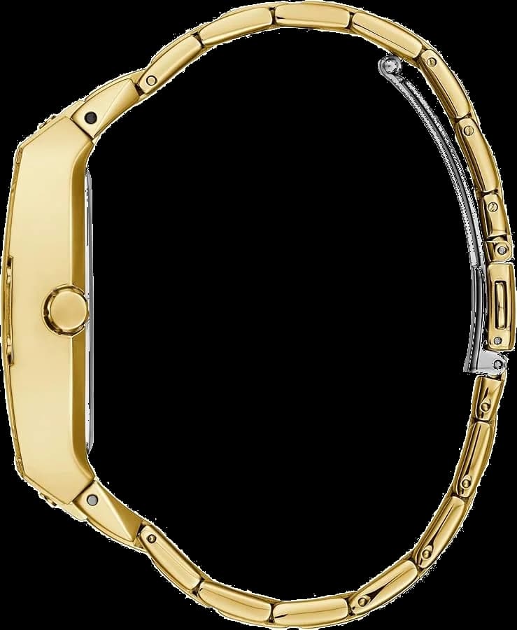 Visage cadran Guess GW0104L2 dévoile aiguilles dorées, index baguette et complications date à 3h sur fond argenté