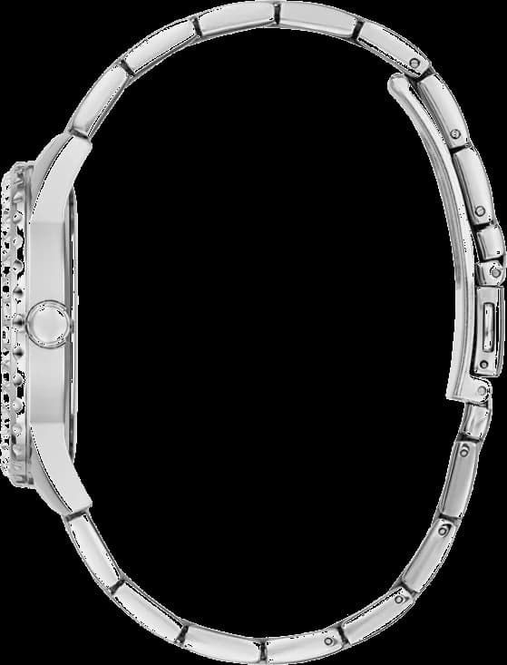 Visage cadran Guess GW0111L1 dévoile des aiguilles dauphine et 12 index cristal, mouvement quartz précis