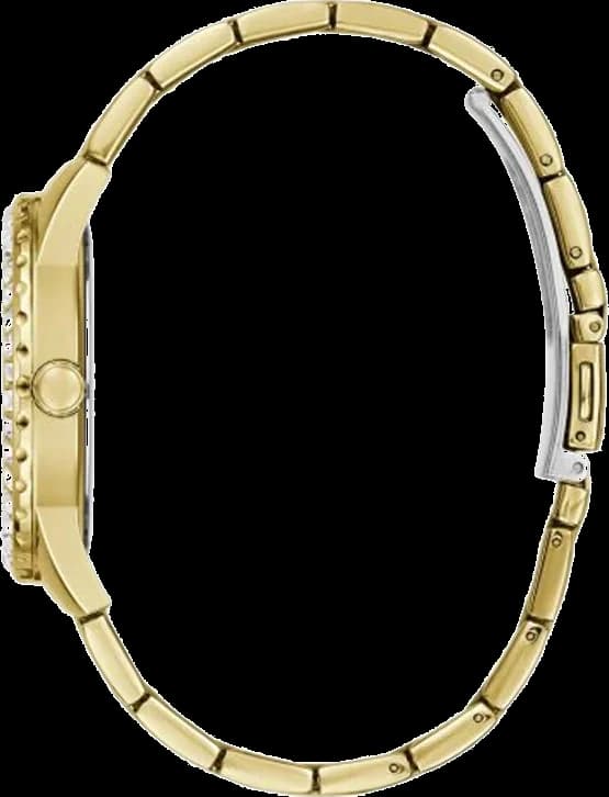 Visage cadran Guess GW0111L2 à index bâtons et aiguilles dorés sur fond noir profond