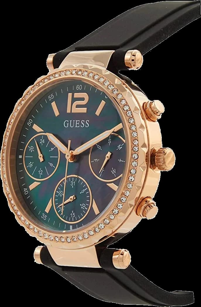 Visage cadran Guess GW0113L2 dévoilant index bâtons appliqués, aiguilles dorées et date à 3h
