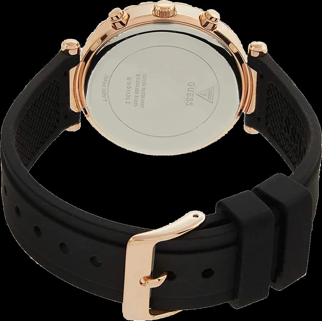 Attache bracelet Guess GW0113L2 en silicone noir mat avec boucle ardillon signée Guess et surpiqûres ton sur ton