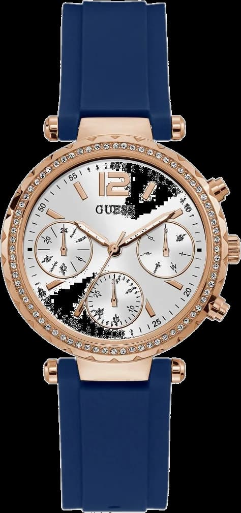 Montre Femme Guess Solstice GW0113L3 - Boîtier Or Rose, Cadran Argent, Bracelet Silicone Bleu