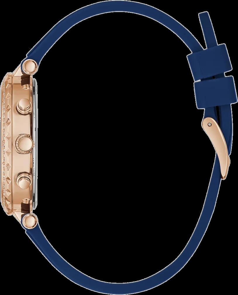 Visage cadran Guess GW0113L3 dévoile des index bâtons appliqués, aiguilles dauphine et date à 3h, finition soleillée bleue