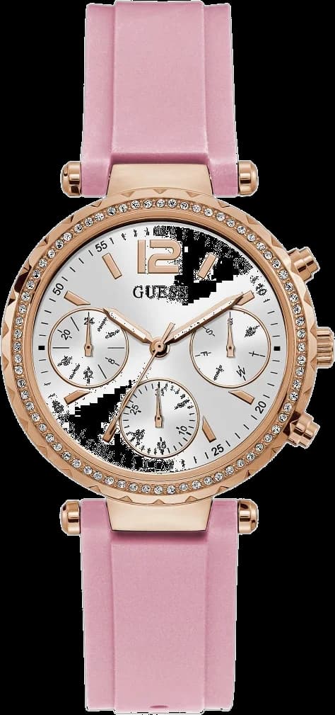 Montre Guess Solstice GW0113L4 pour Femme - Cadran Blanc, Boîtier Or Rose, Bracelet Silicone Rose