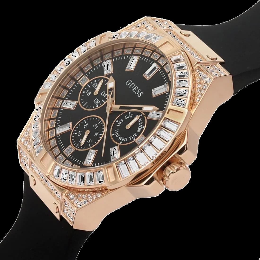 Visage cadran Guess GW0118L2 aux index bâtons appliqués et guichet date à 3h