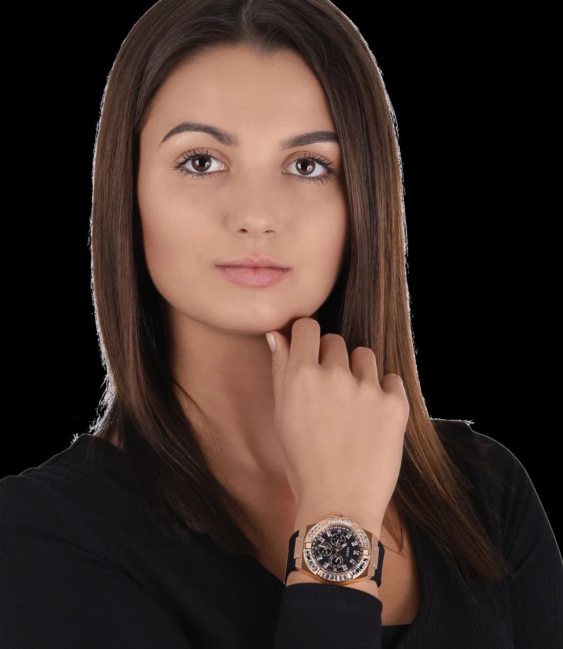 Lunette boîtier Guess GW0118L2 en acier inoxydable brossé de 42 mm avec lunette lisse vue profil