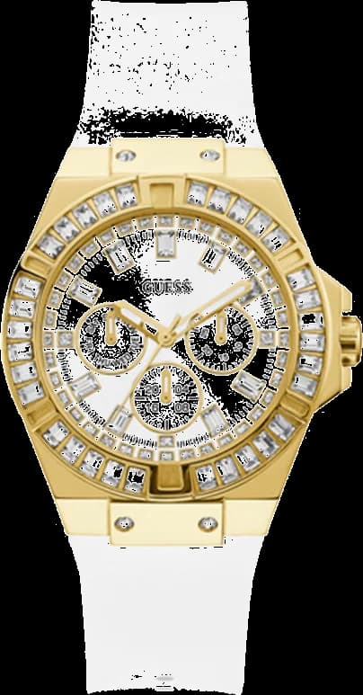 Montre Femme Guess GW0118L5 Venus - Boîtier Or, Cadran Blanc à Cristaux, Bracelet Silicone Blanc