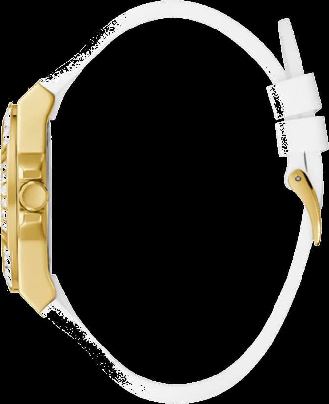 Visage cadran Guess GW0118L5 blanc lumineux avec index bâtons argentés et aiguilles dorées pour lisibilité
