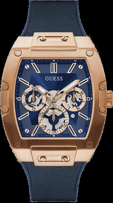 Montre Guess Phoenix GW0202G4 Homme - Boîtier Or Rose, Cadran et Bracelet Silicone Bleu