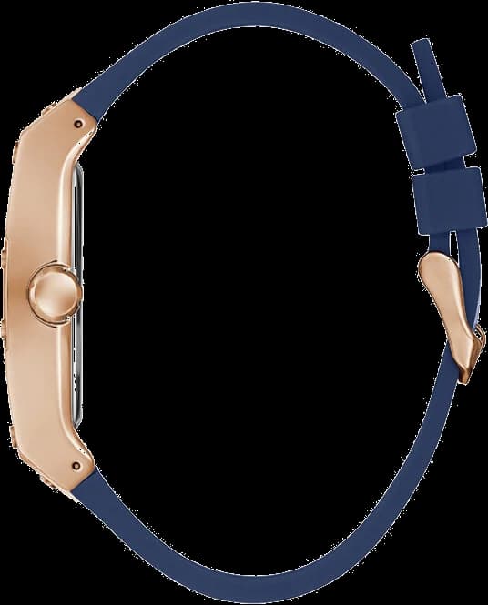 Visage cadran Guess GW0202G4 avec index appliqués dorés et aiguilles bâtons sur fond bleu dégradé