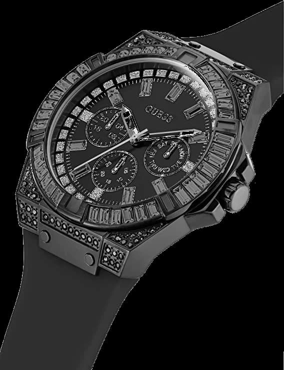 Visage cadran Guess GW0208G5 présentant index bâtons, aiguilles trèfle et guichet date à 4h30