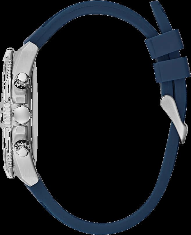 Visage cadran Guess GW0211G1 dévoile un guichet date à 3h et trois sous-cadres chronographe sur fond bleu satiné