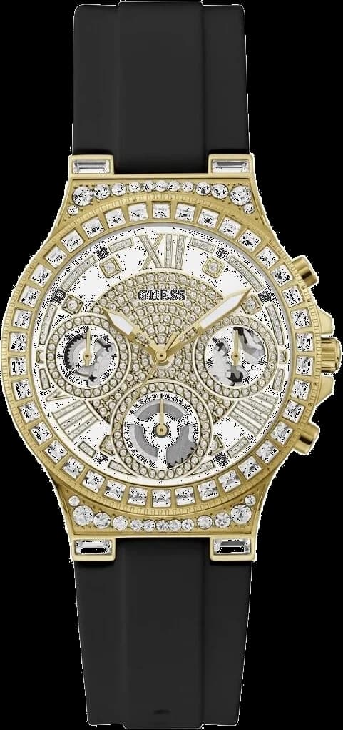 Montre Guess Moonlight GW0257L1 pour Femme - Cadran Multifonction Bicolore, Bracelet Silicone Noir