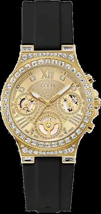 Garde-temps Guess GW0257L1G avec cadran noir multifonction et aiguilles luminescentes sur fond soleil