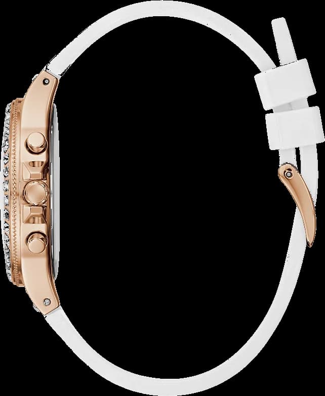 Visage cadran Guess GW0257L2 avec index appliqués et guichet date à 3h, aiguilles bâton dorées