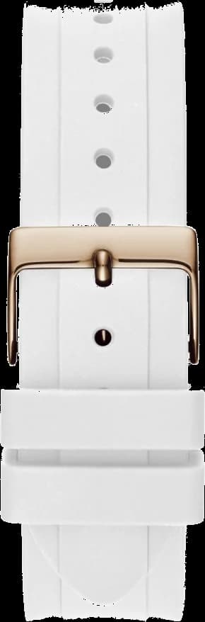Attache bracelet Guess GW0257L2 en silicone blanc mat, fermoir boucle ardillon or rose, boucle siglée Guess