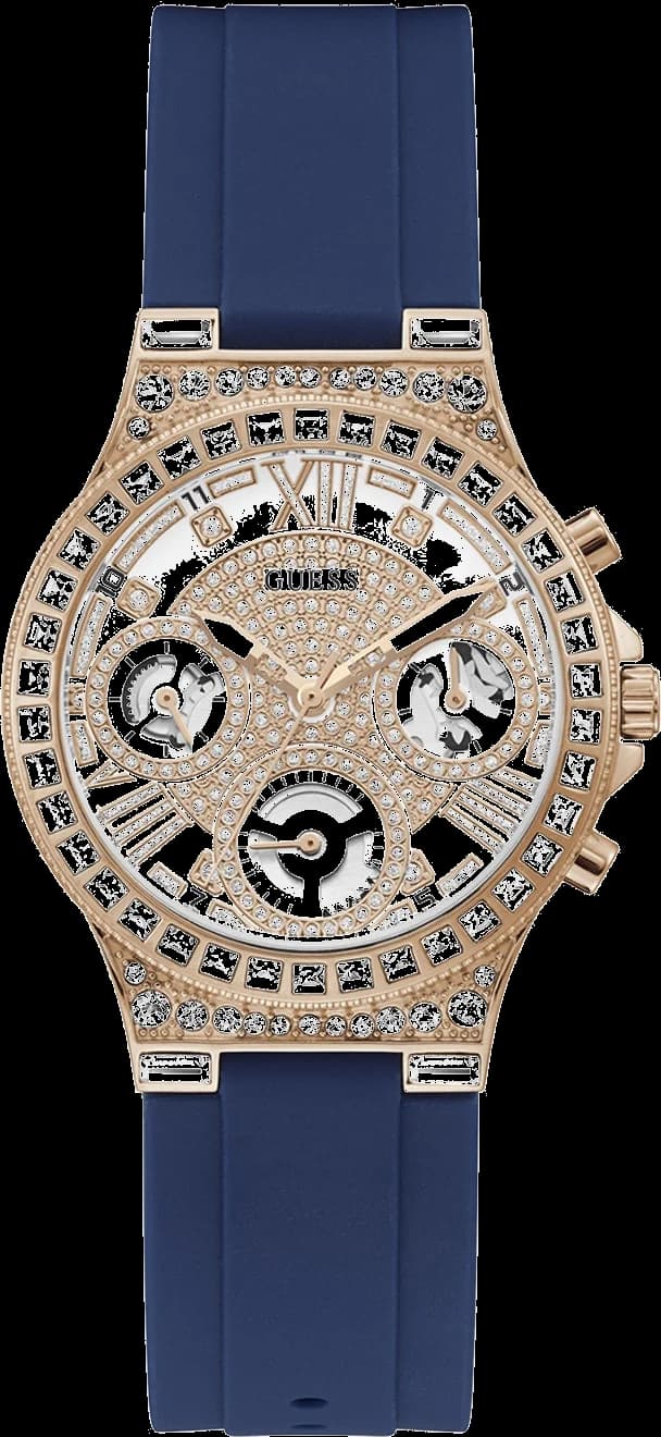 Montre Femme Guess GW0257L3 Moonlight - Cadran Blanc, Boîtier Or Rose, Bracelet Silicone Bleu