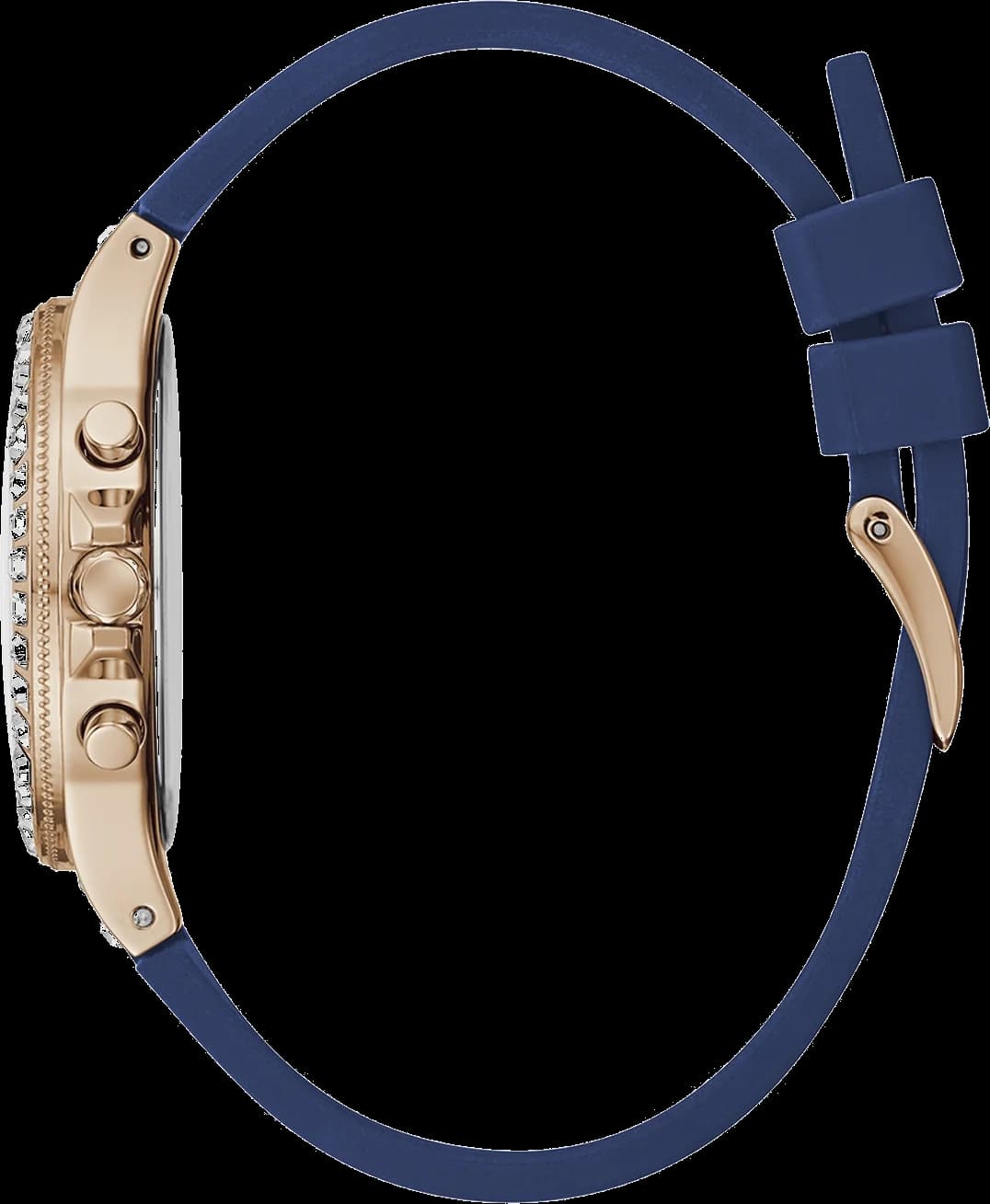 Visage cadran Guess GW0257L3 dévoile index appliques polis et aiguilles luminescentes sur fond bleu soleillé