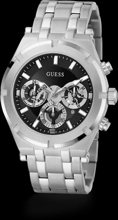 Visage cadran Guess GW0260G1 avec index appliqués, guichets date et jour à 3h, aiguilles luminescentes
