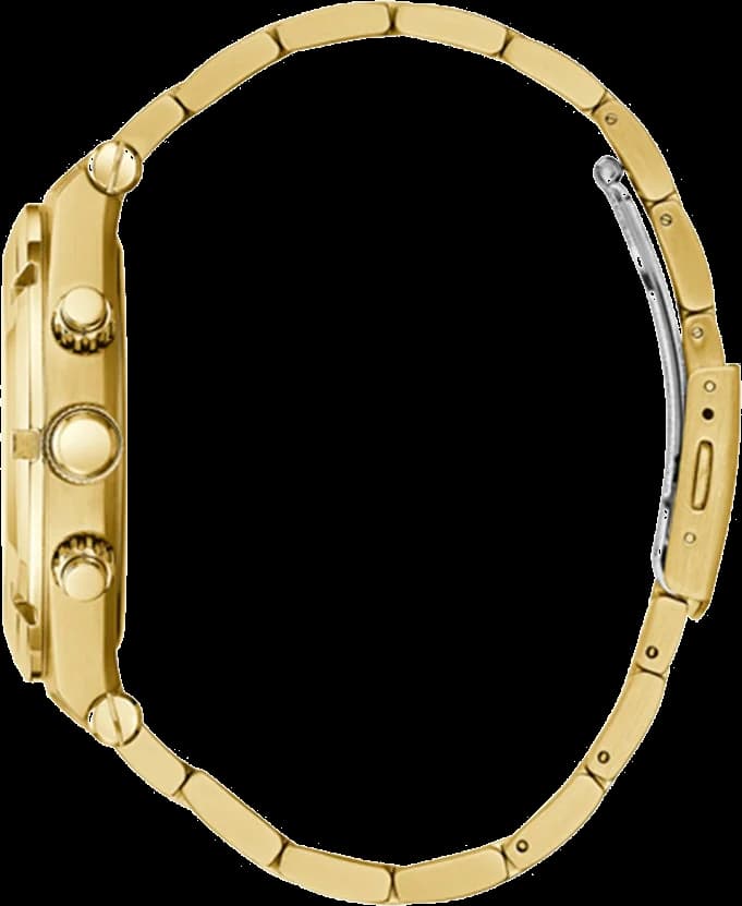 Visage cadran Guess GW0260G2 noir profond contrasté par finitions dorées, aiguilles dauphine, guichet date à 3h, index appliques