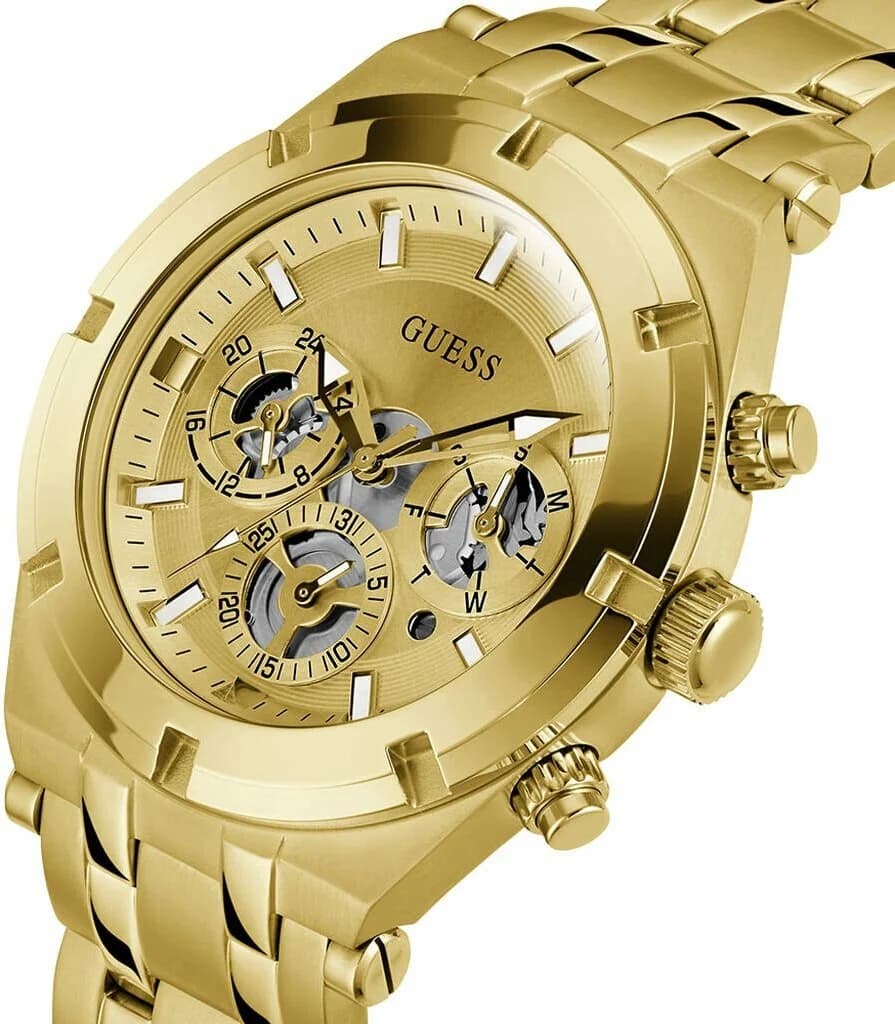 Visage cadran Guess GW0260G4 avec trois sous-cadres multifonctions, index appliqués dorés, aiguilles luminescentes, date à 4h30, contraste blanc et doré