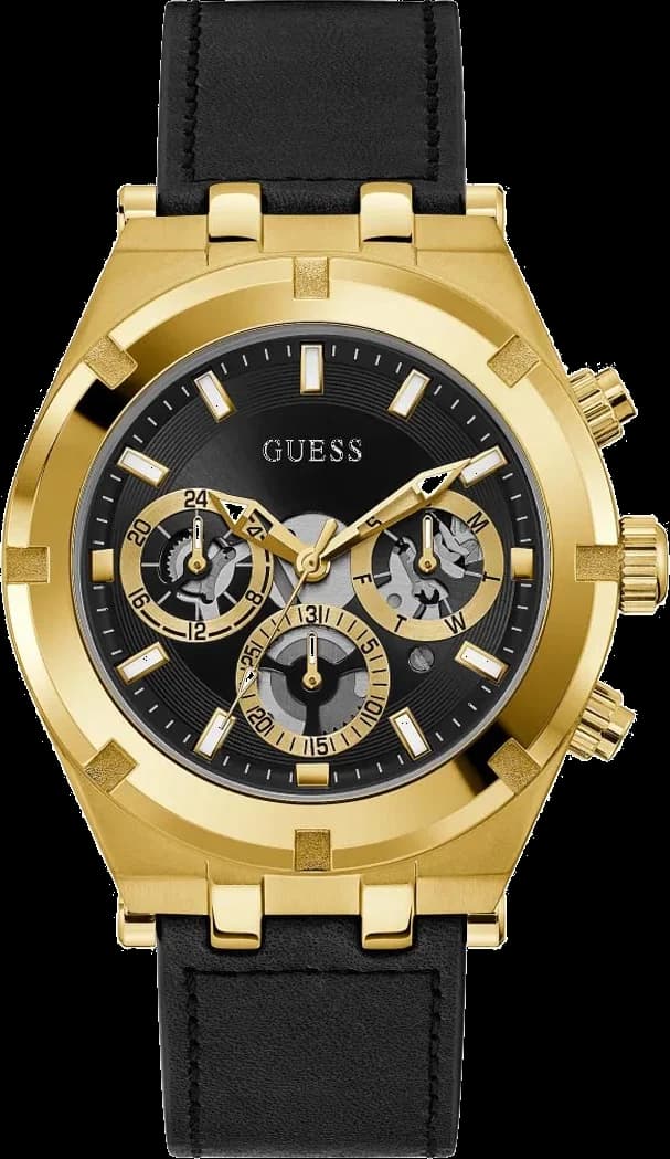 Montre Homme Guess GW0262G2 Cadran Multifonctions Noir Boîtier Or Bracelet Cuir