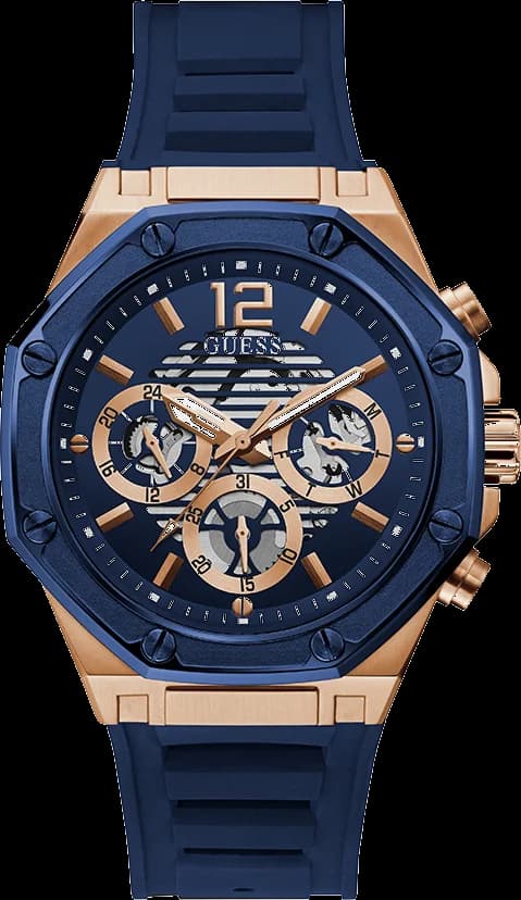 Montre Guess Homme GW0263G2 - Boîtier Octogonal Or Rose, Cadran et Bracelet Silicone Bleu