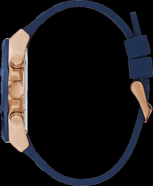 Visage cadran Guess GW0263G2 avec index bâtons appliqués, aiguilles dorées et date à 3h, finition soleillée