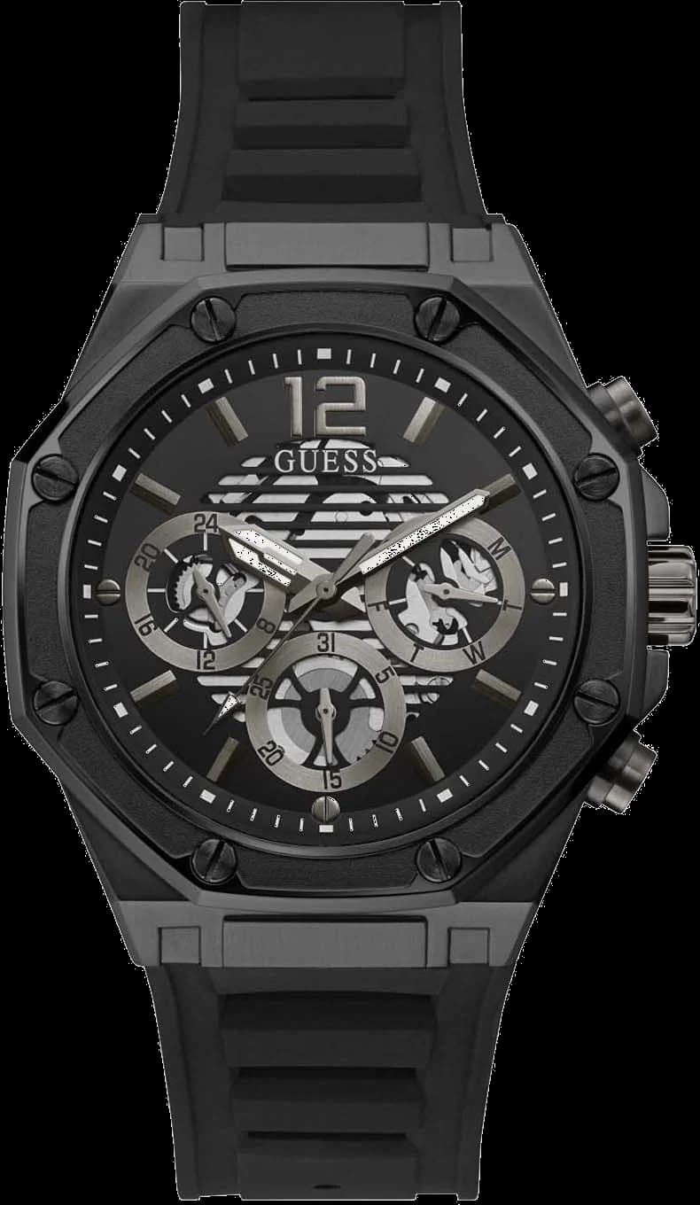 Montre Homme Guess Multifonction GW0263G4 - Boîtier Octogonal 44mm Noir, Bracelet Silicone