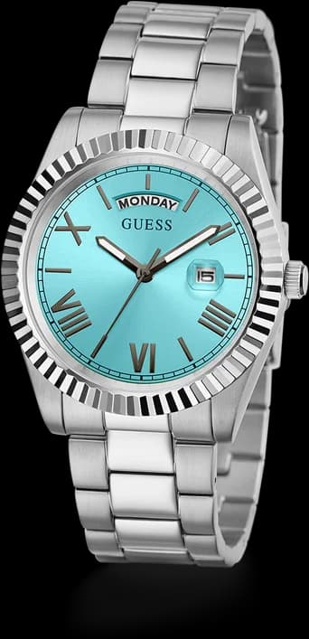 Visage cadran Guess GW0265G11 avec index bâtons appliqués et aiguilles dauphine polies pour lisibilité maximale