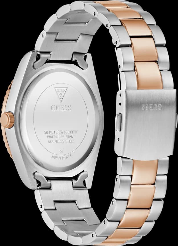 Attache bracelet Guess GW0265G13 en acier bicolore maillons milanais, fermoir déployant signé Guess