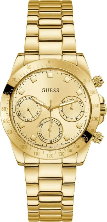 Garde-temps Guess GW0314L2 avec cadran éclatant doré soleil, index bâtons et aiguilles dorées sur fond lumineux