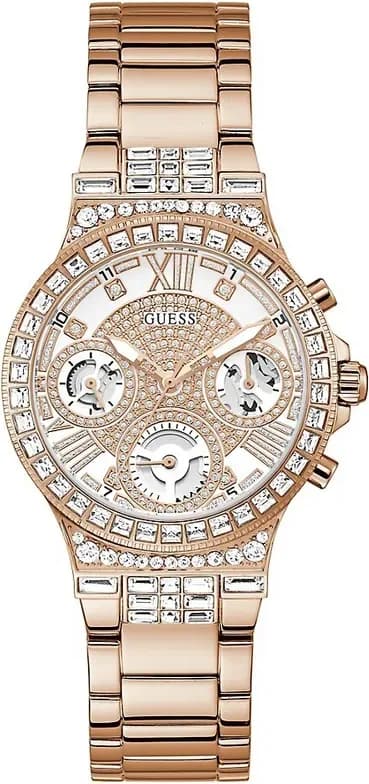 Garde-temps Guess GW0320L3 au cadran blanc perlé, aiguilles dorées et index strass sur fond soleil
