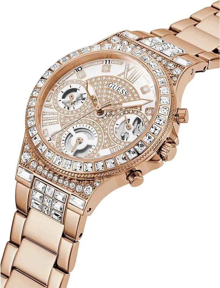 Visage cadran Guess GW0320L3 avec index bâtons dorés, aiguilles dauphine et date à 3h sur fond nacré