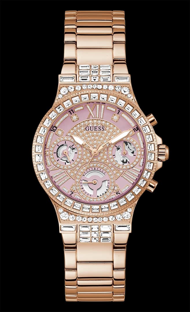 Montre Guess Femme GW0320L6, Cadran Squelette Rose, Bracelet Acier Or Rose, Boîtier Serti de Cristaux
