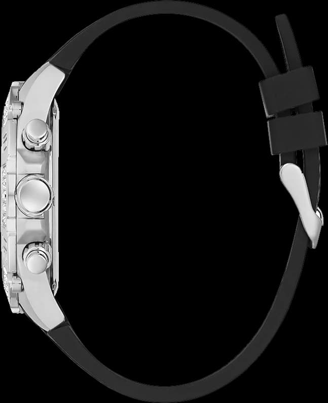 Visage cadran Guess GW0333G1 intégrant trois sous-cadrans pour chronographe 24h/60s/60min, index appliques et aiguilles squelettes
