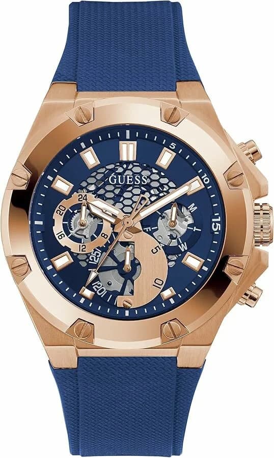 Montre Homme Guess GW0334G3 - Boîtier Or Rose, Cadran et Bracelet Silicone Bleu