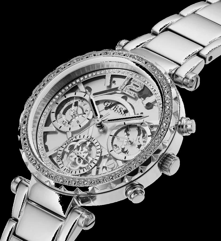 Visage cadran Guess GW0403L1 avec index bâtons et aiguilles argentées sur fond ouvert