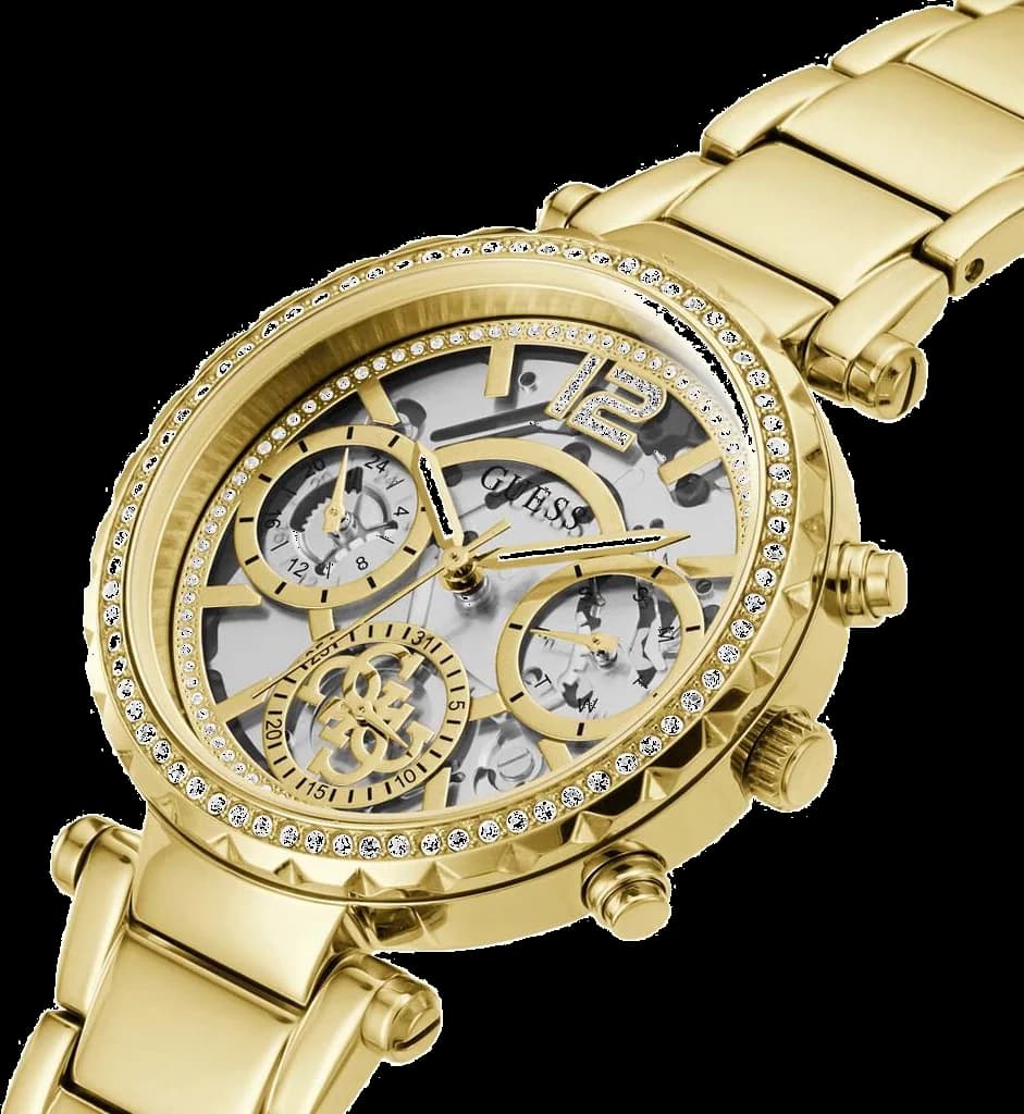 Visage cadran Guess GW0403L2 avec index bâtons dorés, aiguilles dauphine et sous-guichet date à 6h